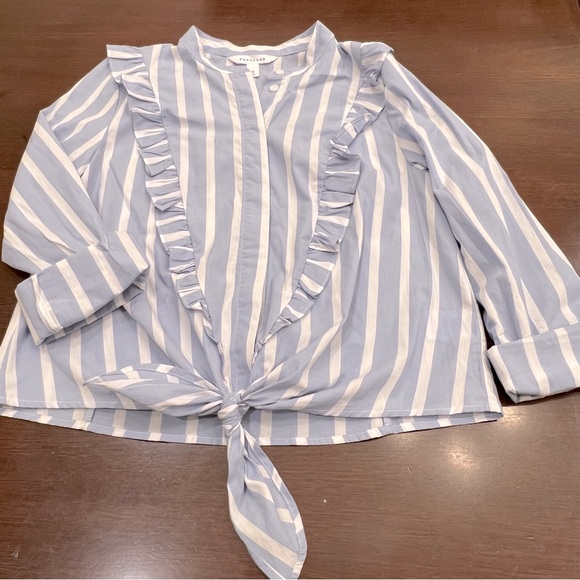Popsugar Blue Striped Ruffled Top With Moto Collar And Tie - Picture 9 of 13